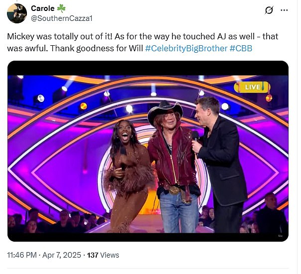 Celebrity Big Brother Fallout: AJ Odudu's Reaction To Mickey Rourke's Inappropriate Behaviour Celebrity Big Brother Fallout: AJ Odudu's Reaction To Mickey Rourke's Inappropriate Behaviour