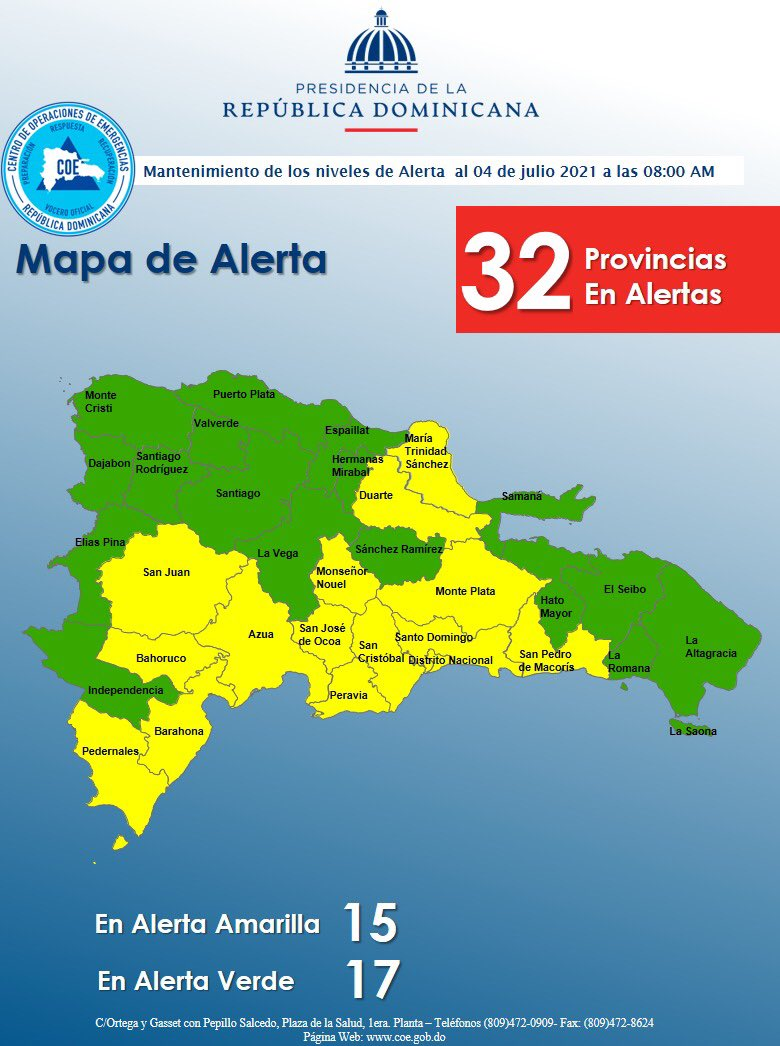 COE: Alerta Amarilla Para 9 Provincias, Alerta Verde Para 5 COE: Alerta Amarilla Para 9 Provincias, Alerta Verde Para 5